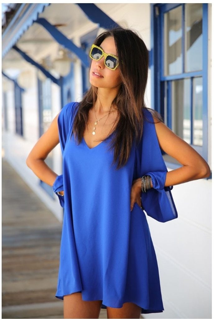 Polorukávní šaty "V" - Polorukávní šaty - modré - S